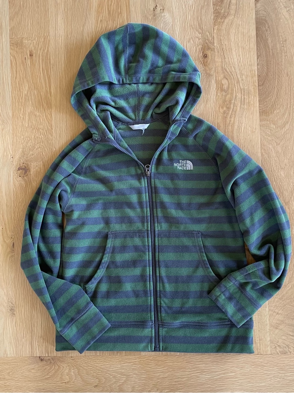 THE NORTH FACE Green & Navy Striped Hooded Zip Fleece